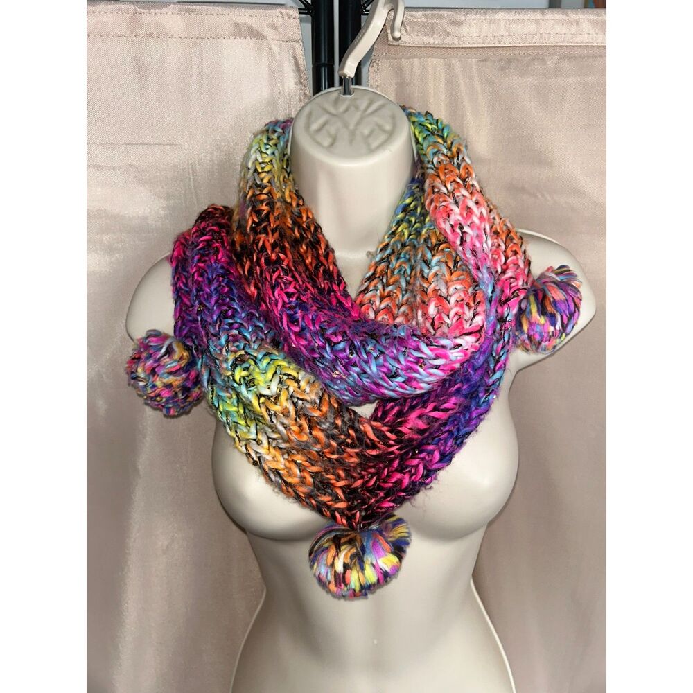 Betsey Johnson Rainbow Multicolor Chunky Knit Infinity Scarf Pom Pom Boho